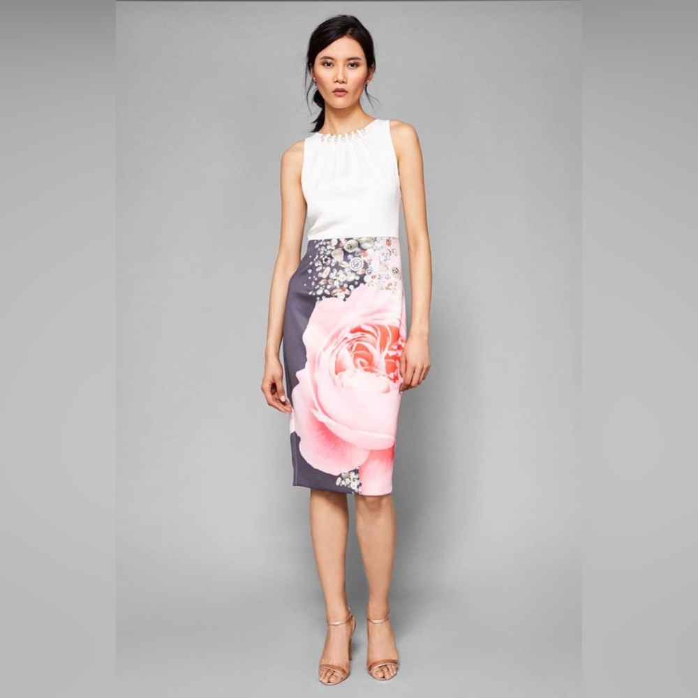 Ted Baker White and Pink Floral Pencil Skirt Dress